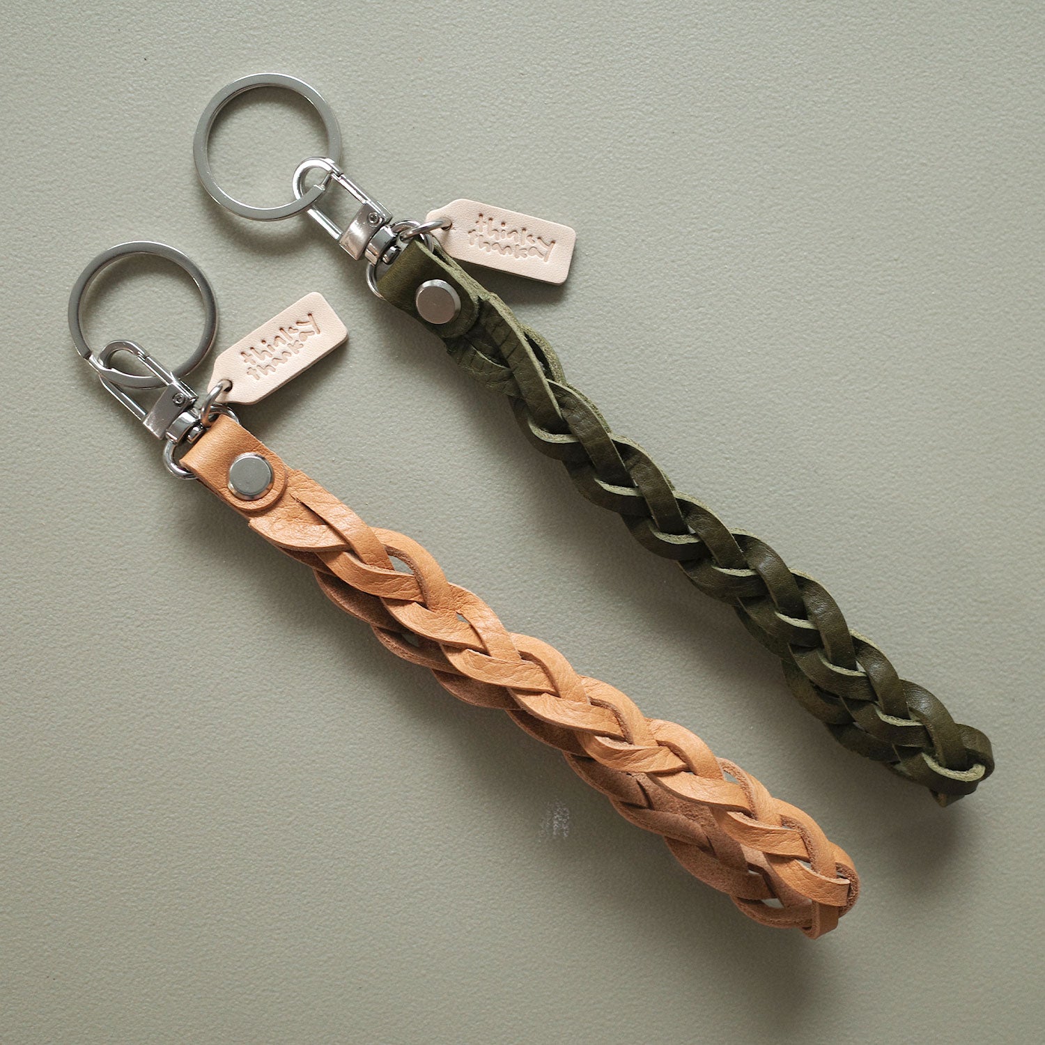 Braided wristlet strap, natural and olive front