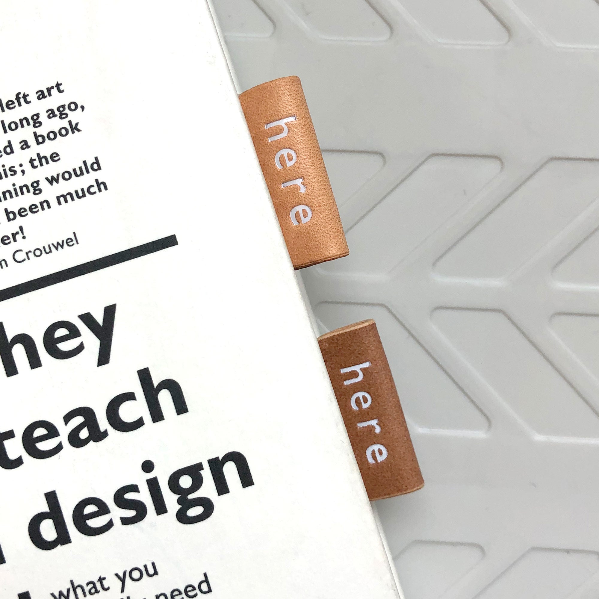 leather bookmark, letter here front